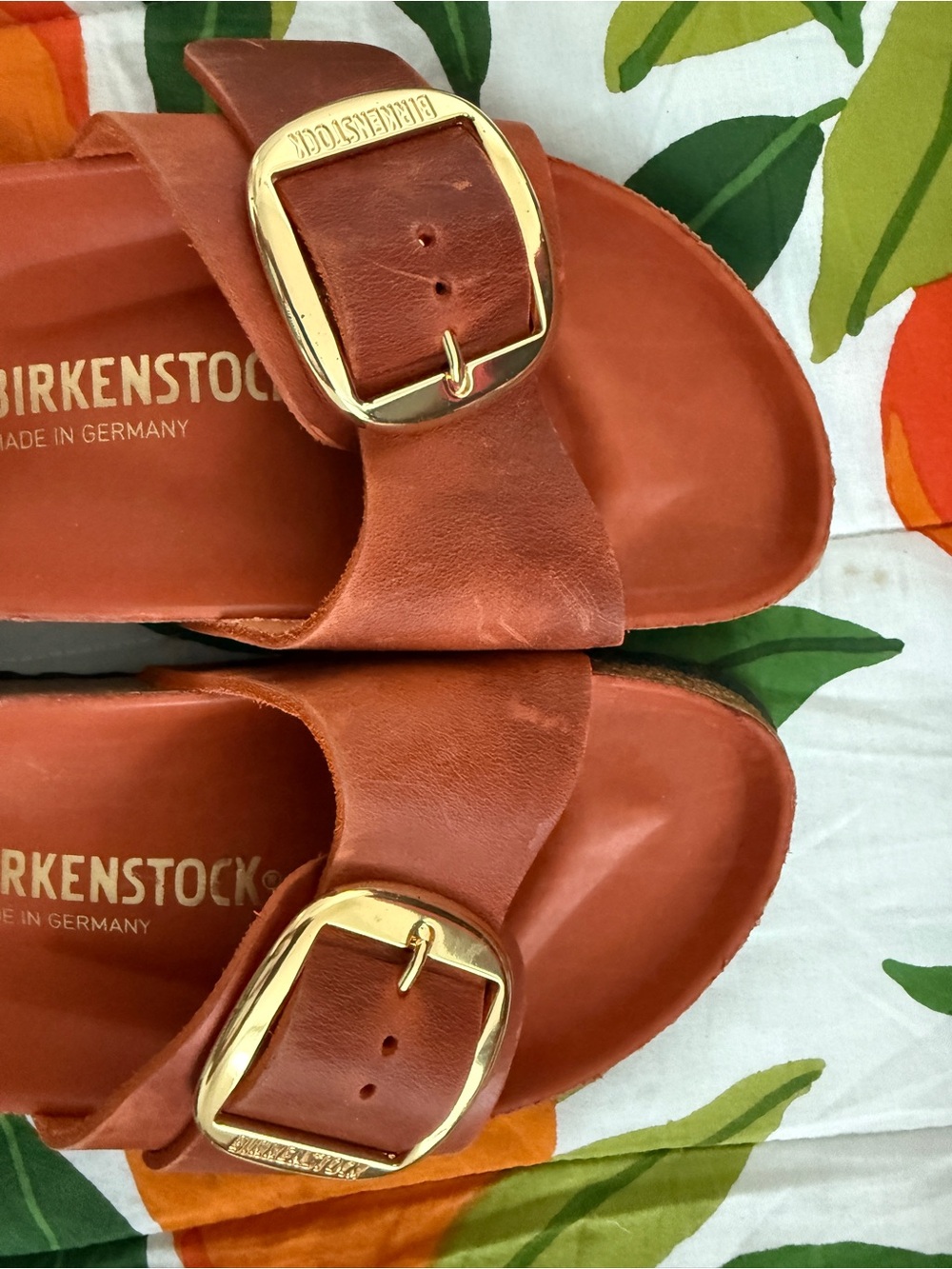Birkenstock Single Strap Slide Sandals in Burnt Orange with Gold Buckles - Picture 3 of 3